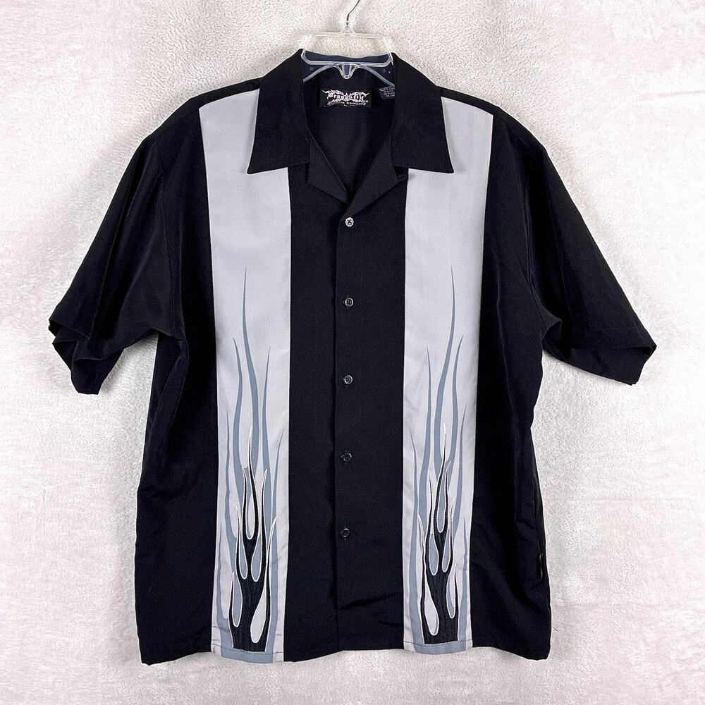 Vintage Dragonfly Roadhouse Shirt Mens L Black Gray Flames Loop Collar Bowling